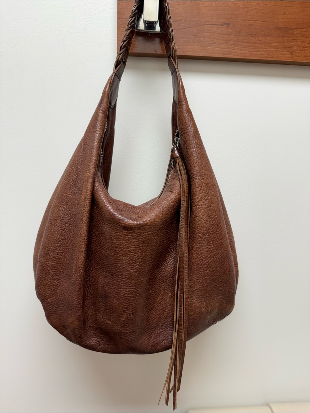 Banana Republic Vintage Brown Pebbled Leather Hobo Bag Braided Strap Tassel